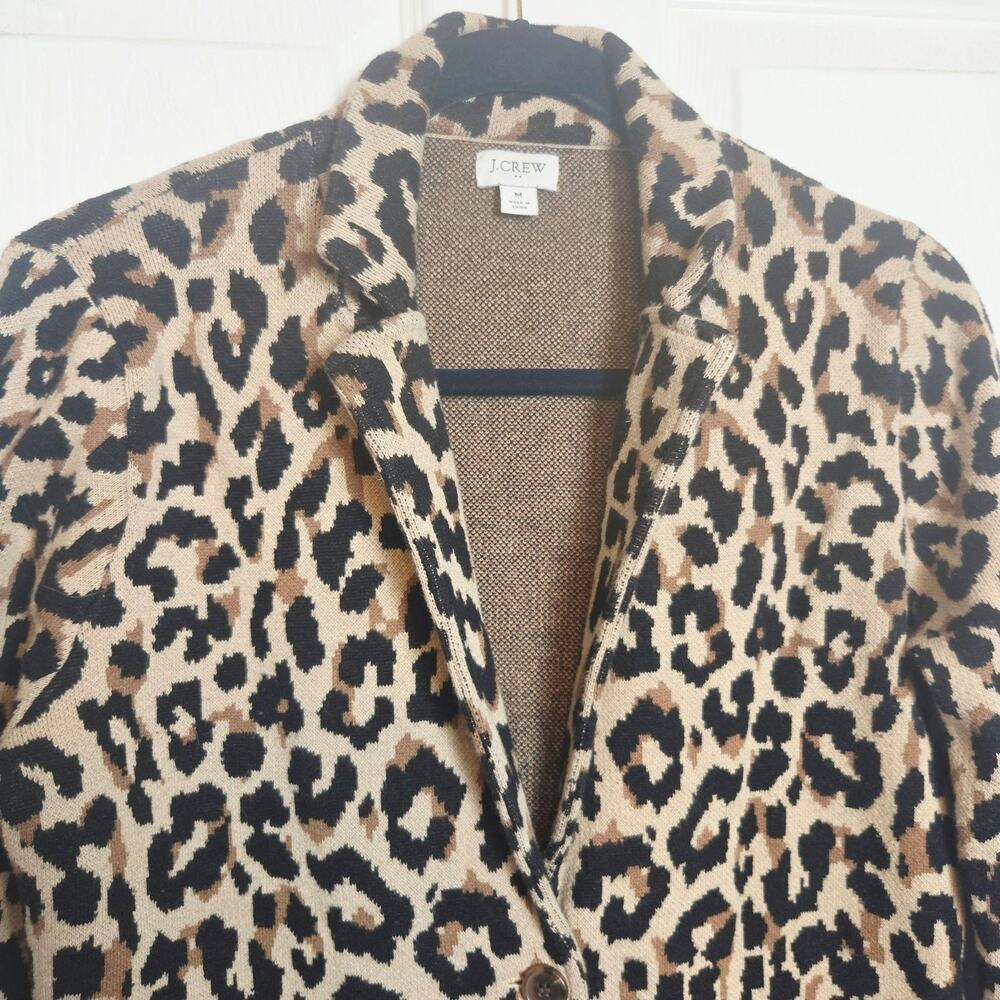 J.Crew Cardigan Sweater Womens M Brown Leopard Animal Print Collared Knit - Picture 2 of 15